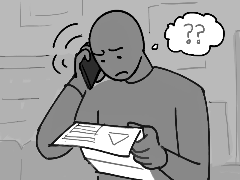 Drawing of a member calling the office with their mobile phone while reading their arrears notice. A thought bubble beside the person's head reads: '??'